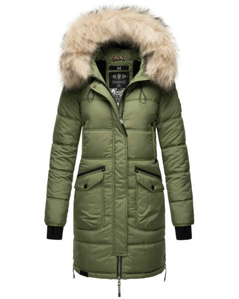 Marikoo Chaskaa ladies long winter quilted jacket with faux fur collar Olive-Gr.S
