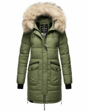 Marikoo Chaskaa ladies long winter quilted jacket with faux fur collar Olive-Gr.XL