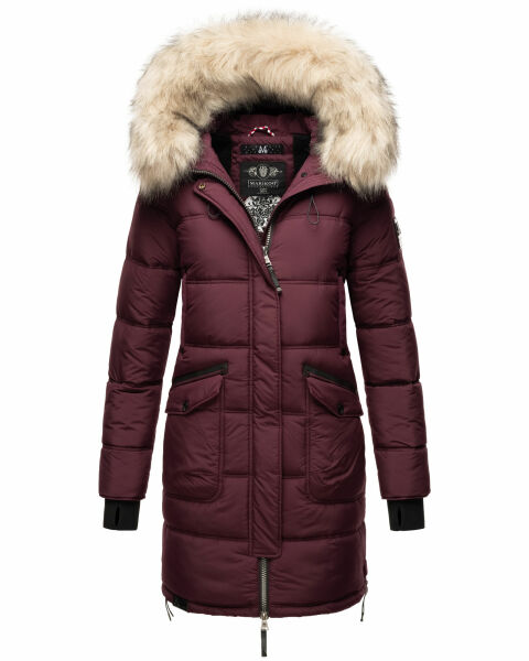 Marikoo Chaskaa Damen lange Winter Steppjacke mit KunstfellKragen Weinrot-Gr.XS
