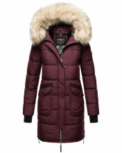 Marikoo Chaskaa Damen lange Winter Steppjacke mit KunstfellKragen Weinrot-Gr.XS