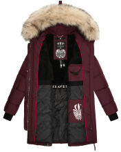 Marikoo Chaskaa Damen lange Winter Steppjacke mit KunstfellKragen Weinrot-Gr.XS