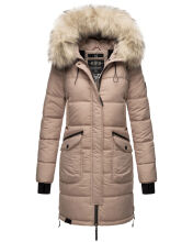 Marikoo Chaskaa Damen lange Winter Steppjacke mit KunstfellKragen Taupe-Gr.XS