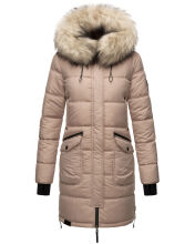 Marikoo Chaskaa Damen lange Winter Steppjacke mit KunstfellKragen Taupe-Gr.S