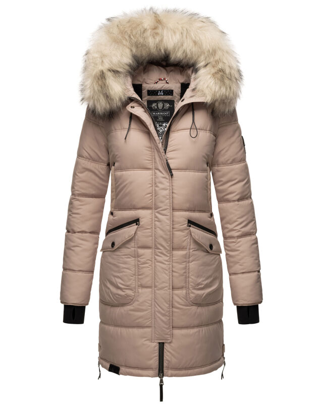 Marikoo Chaskaa Damen lange Winter Steppjacke mit KunstfellKragen Taupe