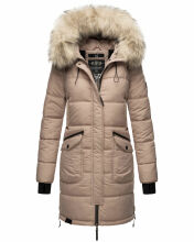Marikoo Chaskaa Damen lange Winter Steppjacke mit KunstfellKragen Taupe-Gr.M