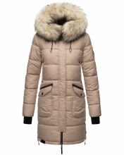 Marikoo Chaskaa Damen lange Winter Steppjacke mit KunstfellKragen Taupe-Gr.M