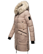 Marikoo Chaskaa Damen lange Winter Steppjacke mit KunstfellKragen Taupe-Gr.L