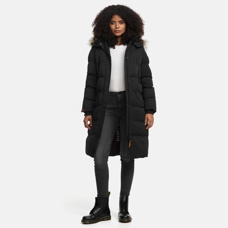 Marikoo Schneesternchen Damen lange Winter Steppjacke mit Kapuze Schwarz
