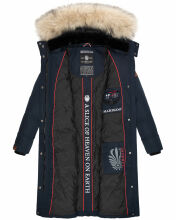 Marikoo Schneesternchen Damen lange Winter Steppjacke mit Kapuze Navy XS - Gr. 34