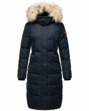 Marikoo Schneesternchen Damen lange Winter Steppjacke mit Kapuze Navy M - Gr. 38