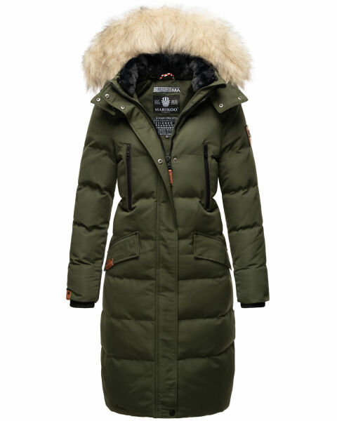 Marikoo Schneesternchen Damen lange Winter Steppjacke mit Kapuze Olive XS - Gr. 34