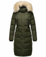 Marikoo Schneesternchen Damen lange Winter Steppjacke mit Kapuze Olive XS - Gr. 34