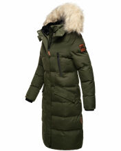 Marikoo Schneesternchen Damen lange Winter Steppjacke mit Kapuze Olive XS - Gr. 34