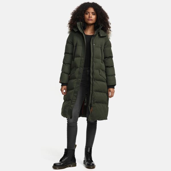 Marikoo Schneesternchen Damen lange Winter Steppjacke mit Kapuze Olive XL - Gr. 42