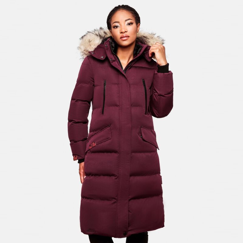 Marikoo Schneesternchen Damen lange Winter Steppjacke mit Kapuze Weinrot