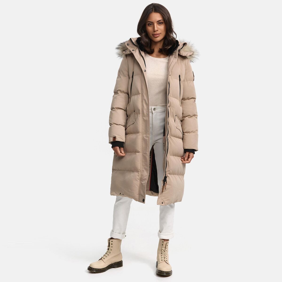 Marikoo Schneesternchen Damen lange Winter Steppjacke mit Kapuze Taupe XS - Gr. 34