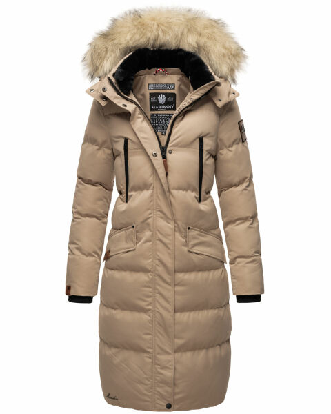 Marikoo Schneesternchen Damen lange Winter Steppjacke mit Kapuze Taupe L - Gr. 40
