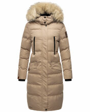 Marikoo Schneesternchen Damen lange Winter Steppjacke mit Kapuze Taupe L - Gr. 40