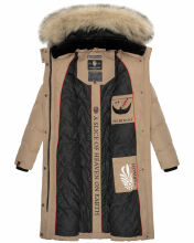 Marikoo Schneesternchen Damen lange Winter Steppjacke mit Kapuze Taupe L - Gr. 40