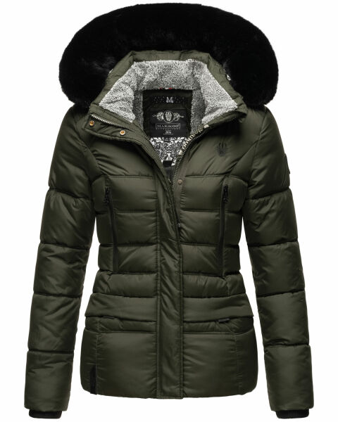 Marikoo Loveleen Damen Winter Steppjacke mit Teddyfell und Fellkragen Olive-Gr.XS
