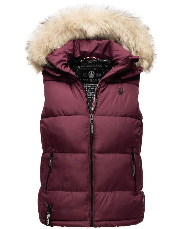 Marikoo Eisfl&ouml;ckchen Damen Winter Steppweste mit Fellkragen Weinrot L - Gr. 40