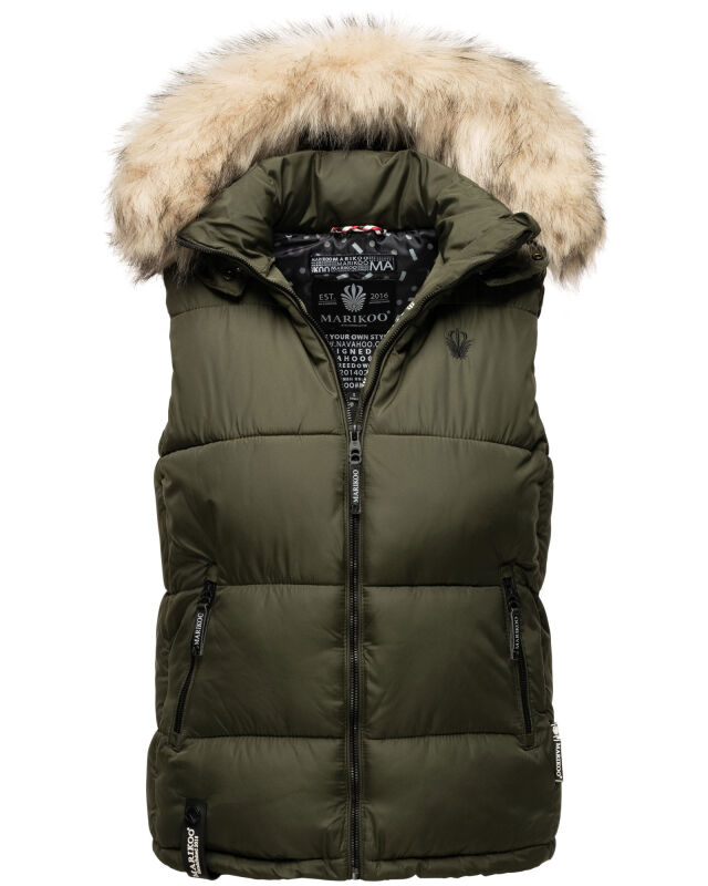 Marikoo Eisflöckchen Damen Winter Steppweste mit Fellkragen Olive