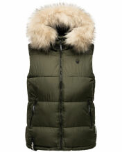 Marikoo Eisflöckchen Damen Winter Steppweste mit Fellkragen Olive S - Gr. 36