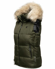 Marikoo Eisflöckchen ladies winter quilted vest with fur collar Olive-Gr.S