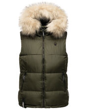 Marikoo Eisfl&ouml;ckchen Damen Winter Steppweste mit Fellkragen Olive L - Gr. 40