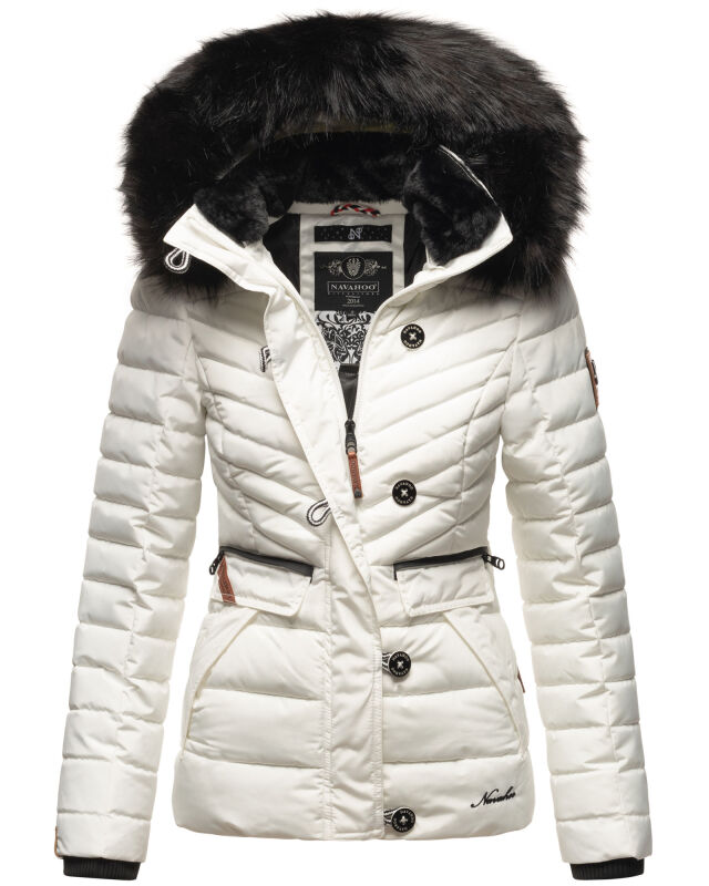 Navahoo Wisteriaa Damen Winter Steppjacke mit Kapuze und Fellkragen Weiss XS - Gr. 34