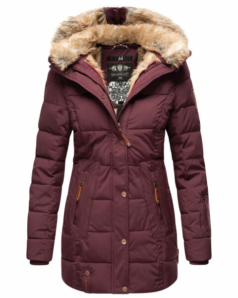 Marikoo warme Damen Steppmantel Winterjacke mit Kapuze Weinrot Größe L - Gr. 40