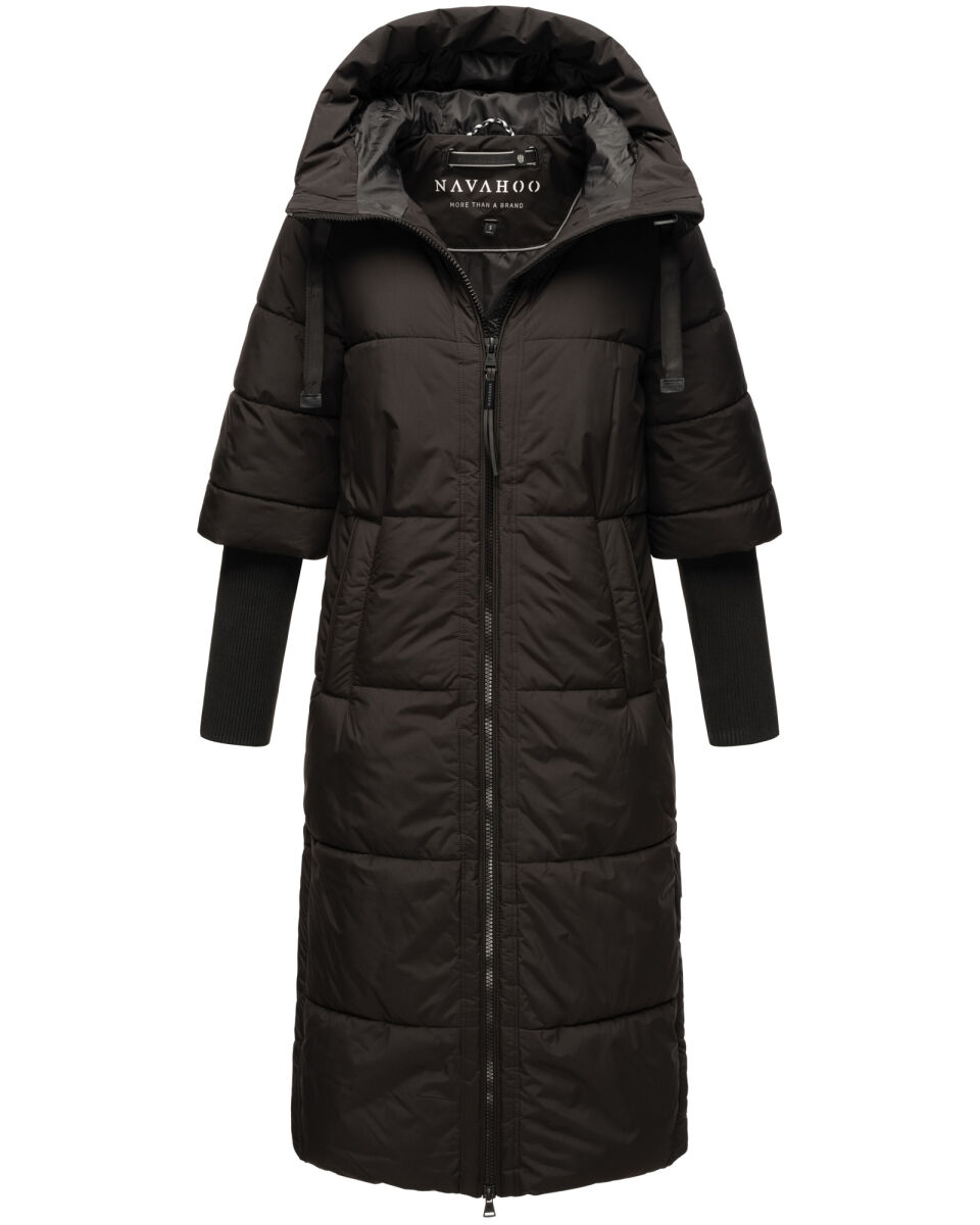 Navahoo Lange winterjas voor dames, warme gewatteerde jas met capuchon en geribde mouwen, Ciao Miau XIV, XS-3XL, wijn, M