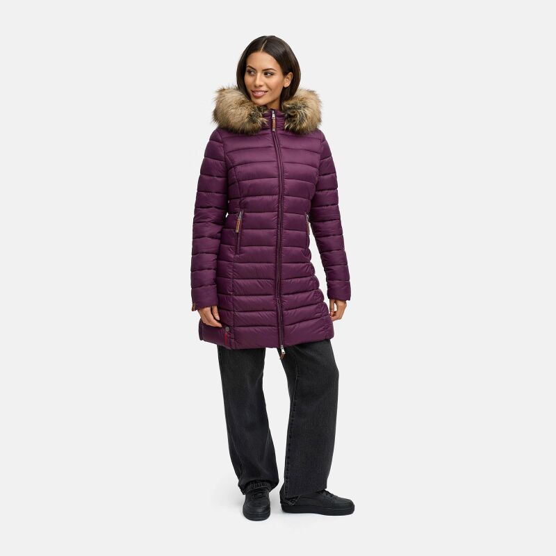 Marikoo Rose 2 Damen Winter Steppjacke lang mit Kunstfell Aubergine-Gr&ouml;&szlig;e S - Gr. 36